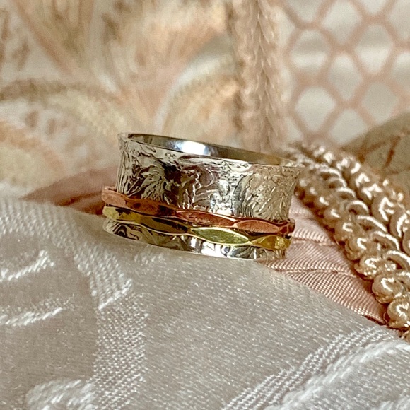 Jewelry - Sterling Silver Spinner Ring, Gold & Copper Bands